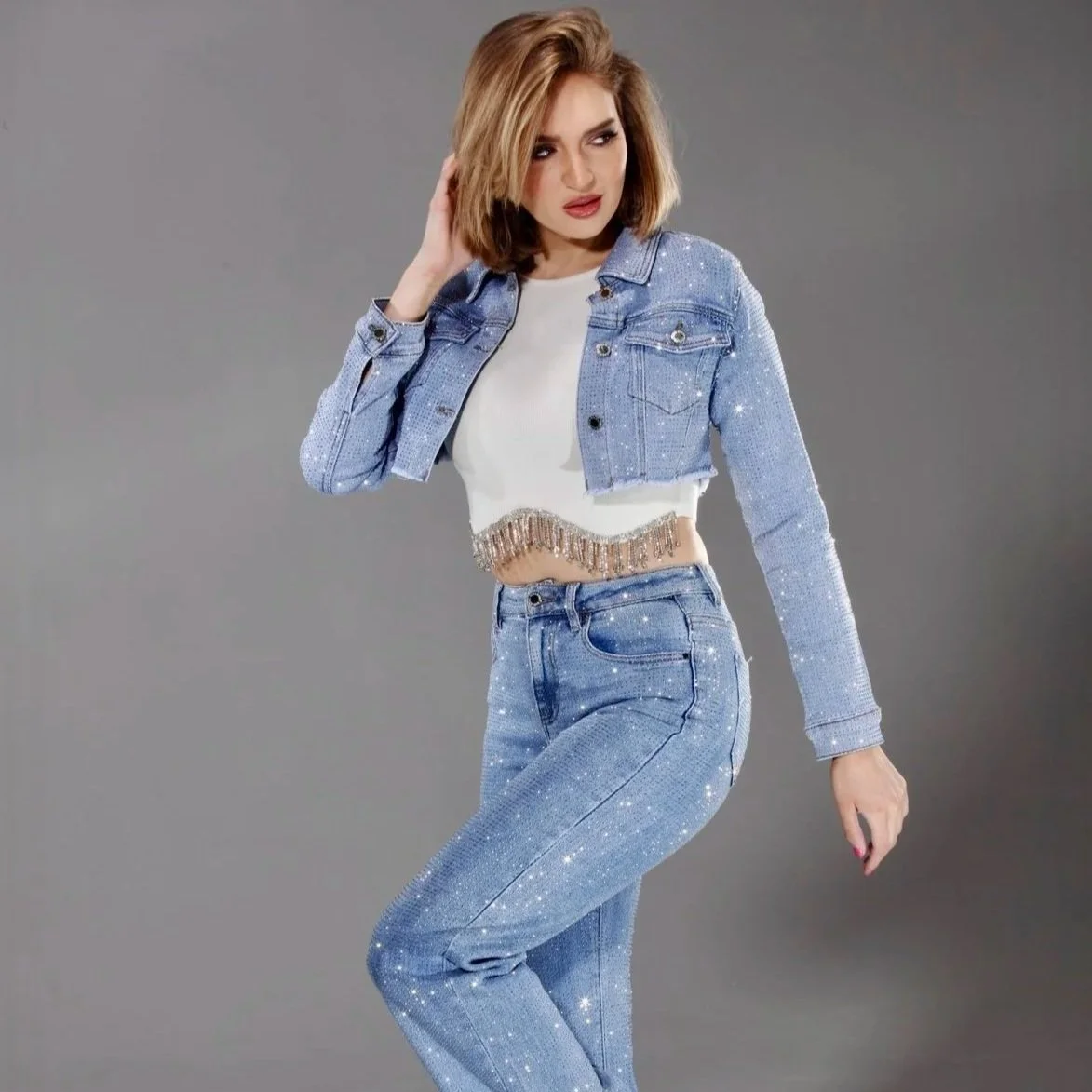 Nina Rossi Jeans -  Light Blue Denim Embellished Crop Jacket
