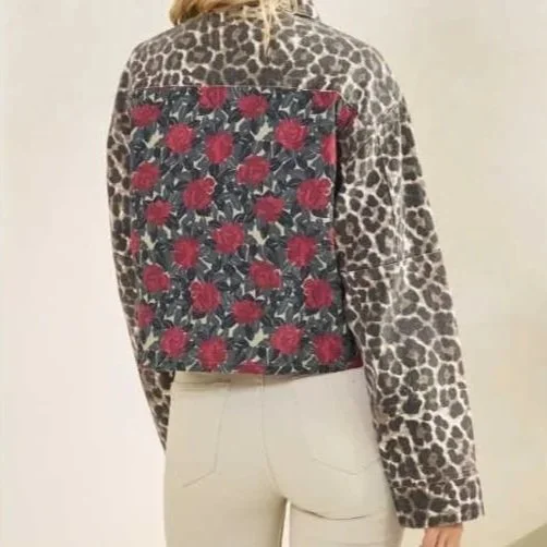 Veveret - Leopard & Rose Denim Jacket With Floral Contrast