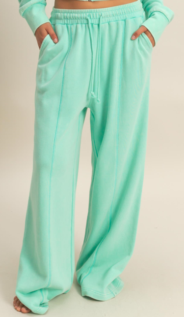 Acid Wash French Terry Wide-Leg Pants - MINT