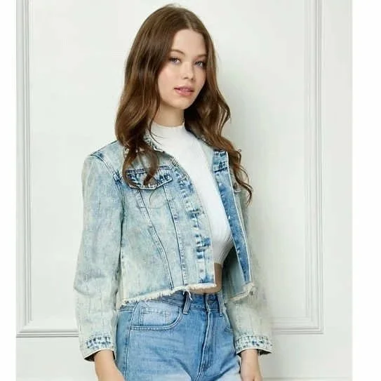 Veveret - Striped Rhinestone Distressed Denim Jacket