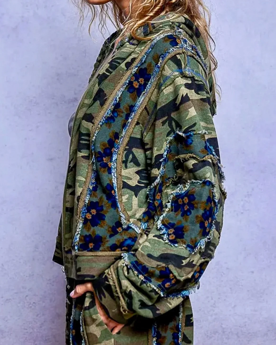 POL - Vintage Camouflage Floral Patchwork Zip Hoodie & Frayed Wide Leg Pants Set