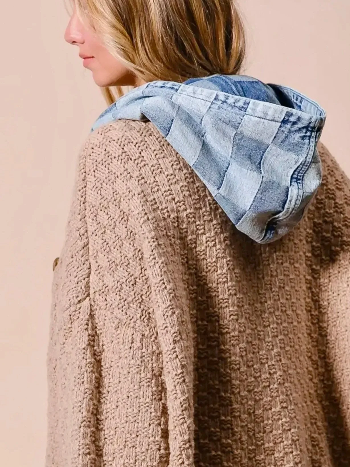 BiBi - Washed Checker Denim Zip Up Cardigan