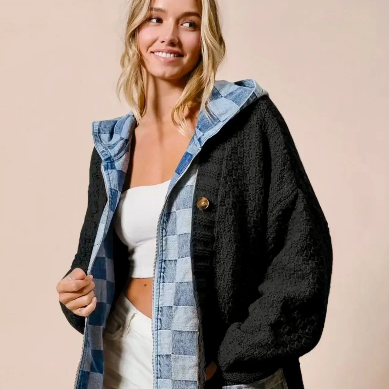 BiBi - Washed Checker Denim Zip Up Cardigan