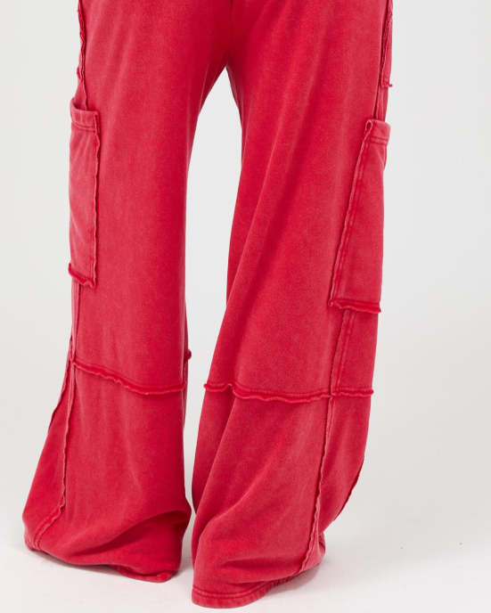 Mineral Wash Wide Leg Cargo Pants - RED