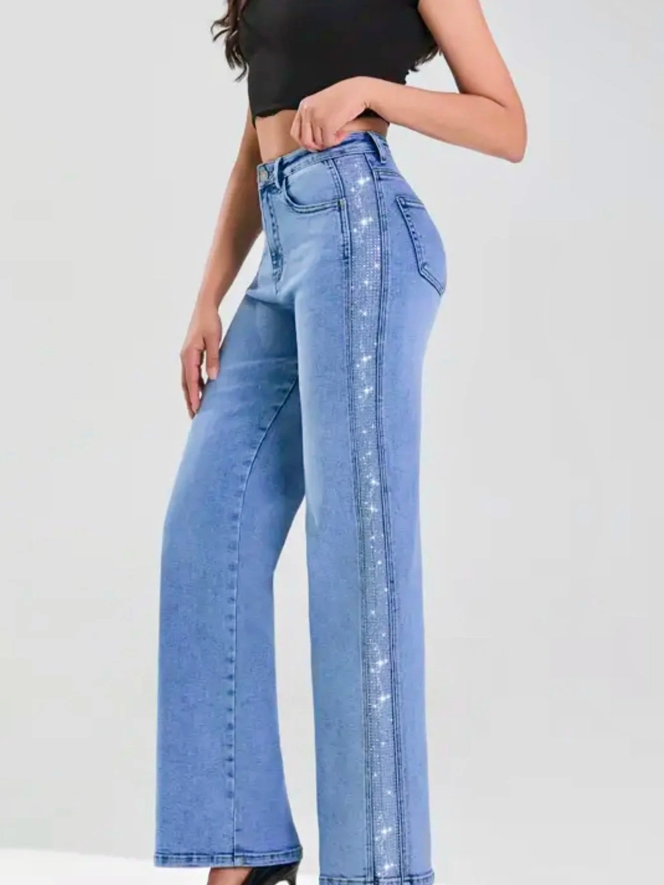 Stone Embellished Stripe Denim Jeans