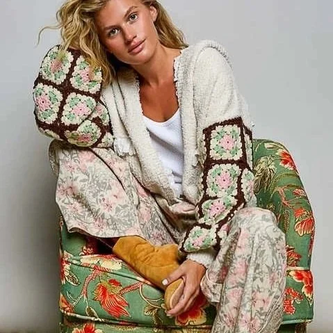 POL- Granny Square Crochet Sleeve Berber Knit Hooded Cardigan