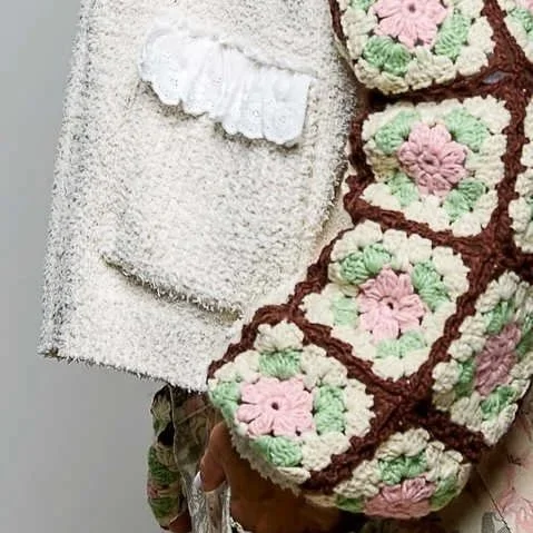 POL- Granny Square Crochet Sleeve Berber Knit Hooded Cardigan