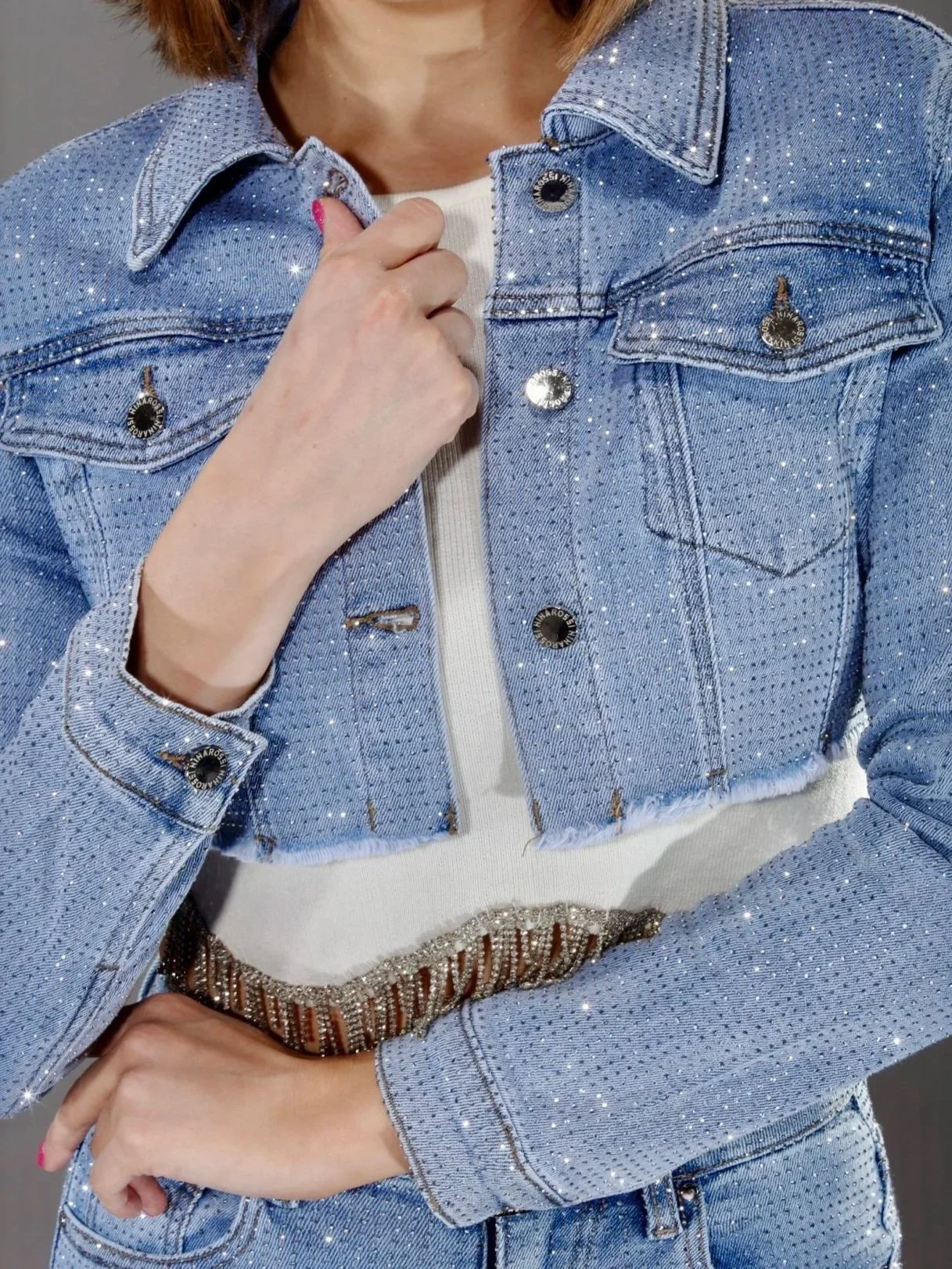 Nina Rossi Jeans -  Light Blue Denim Embellished Crop Jacket