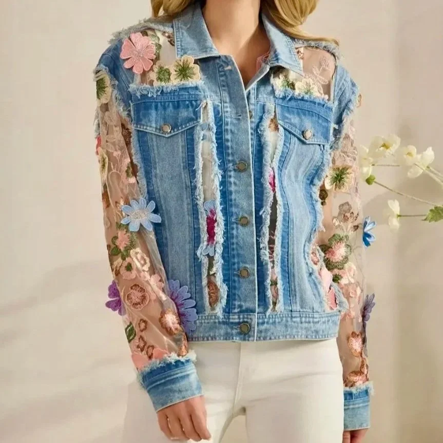 Veveret - Denim Jacket with Floral Organza Inset