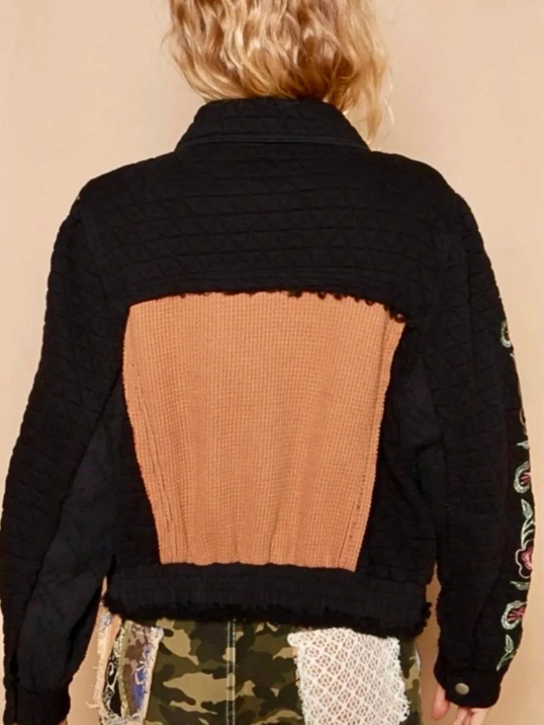 POL - Vintage Washed Embroidered Sleeve Quilted Jacket