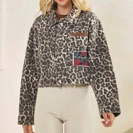 Veveret - Leopard & Rose Denim Jacket With Floral Contrast