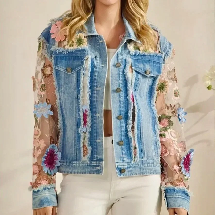 Veveret - Denim Jacket with Floral Organza Inset