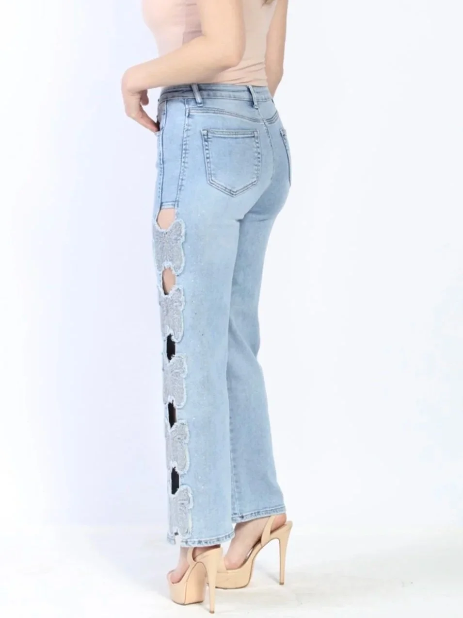 Nina Rossi Jeans - Butterfly Embellished Denim Jeans