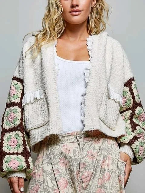 POL- Granny Square Crochet Sleeve Berber Knit Hooded Cardigan