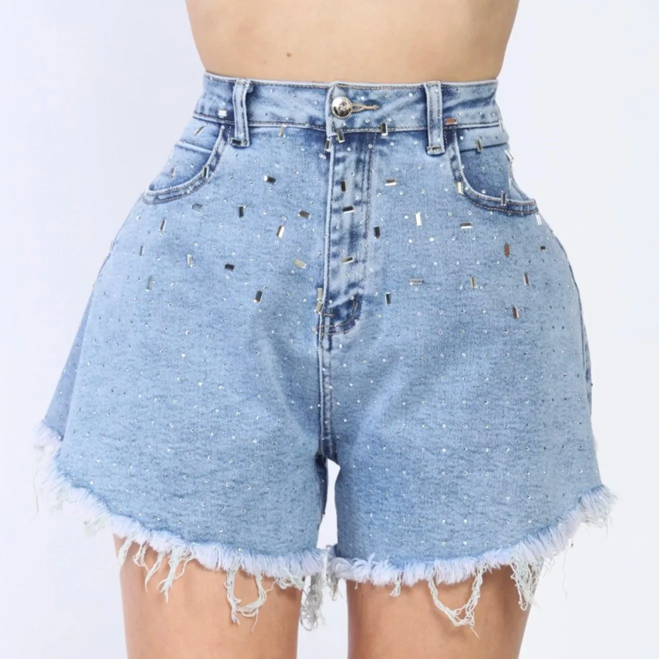 High-Shine Crystal Denim Shorts