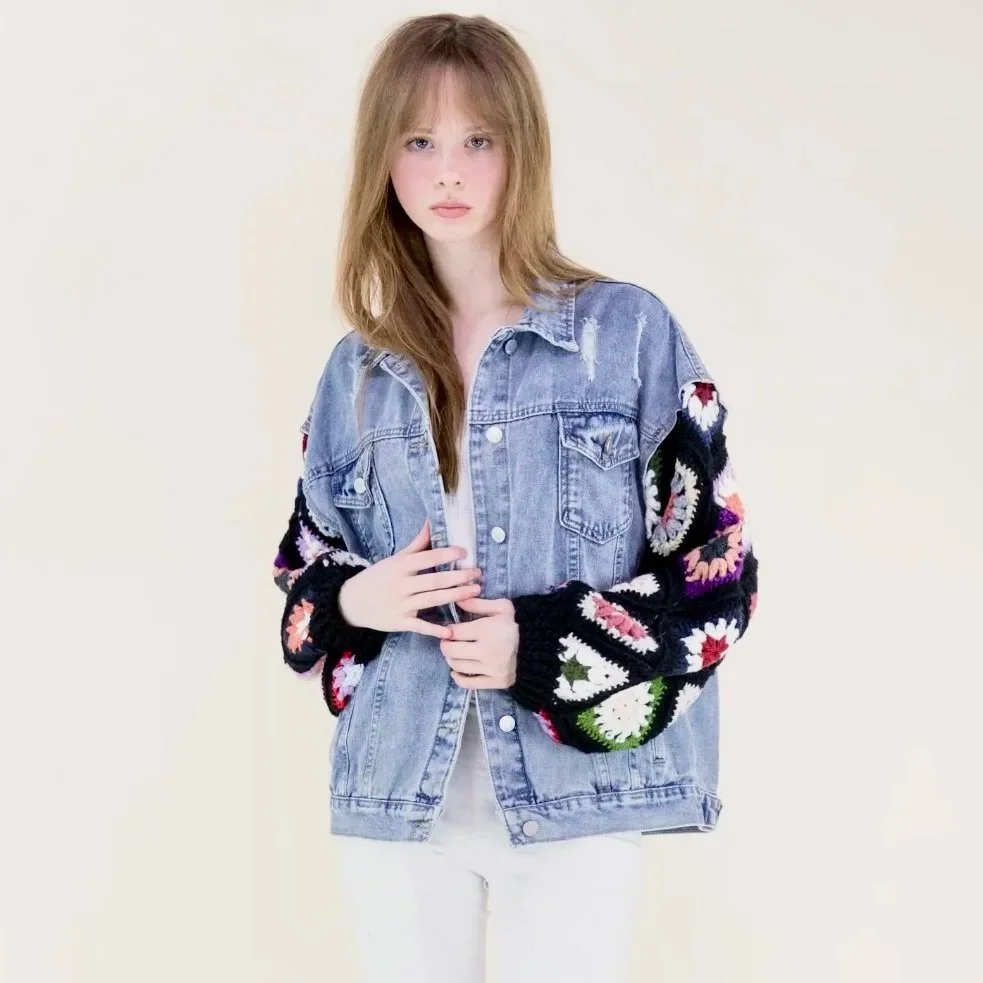 Original USA - Boho Handmade Crochet Sleeves Denim Jacket
