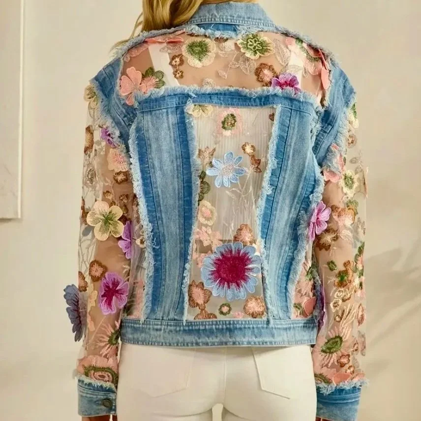Veveret - Denim Jacket with Floral Organza Inset