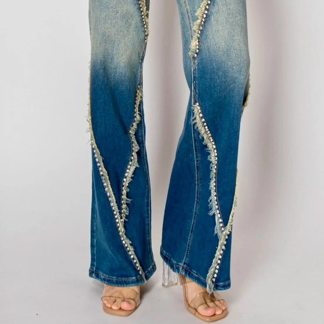 Nina Rossi Jeans - Embellished Nailhead Acid Wash Jeans