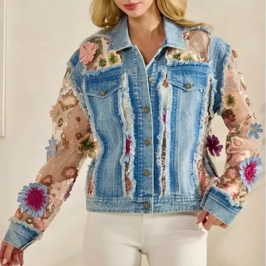Denim Jacket with Floral Organza Inset