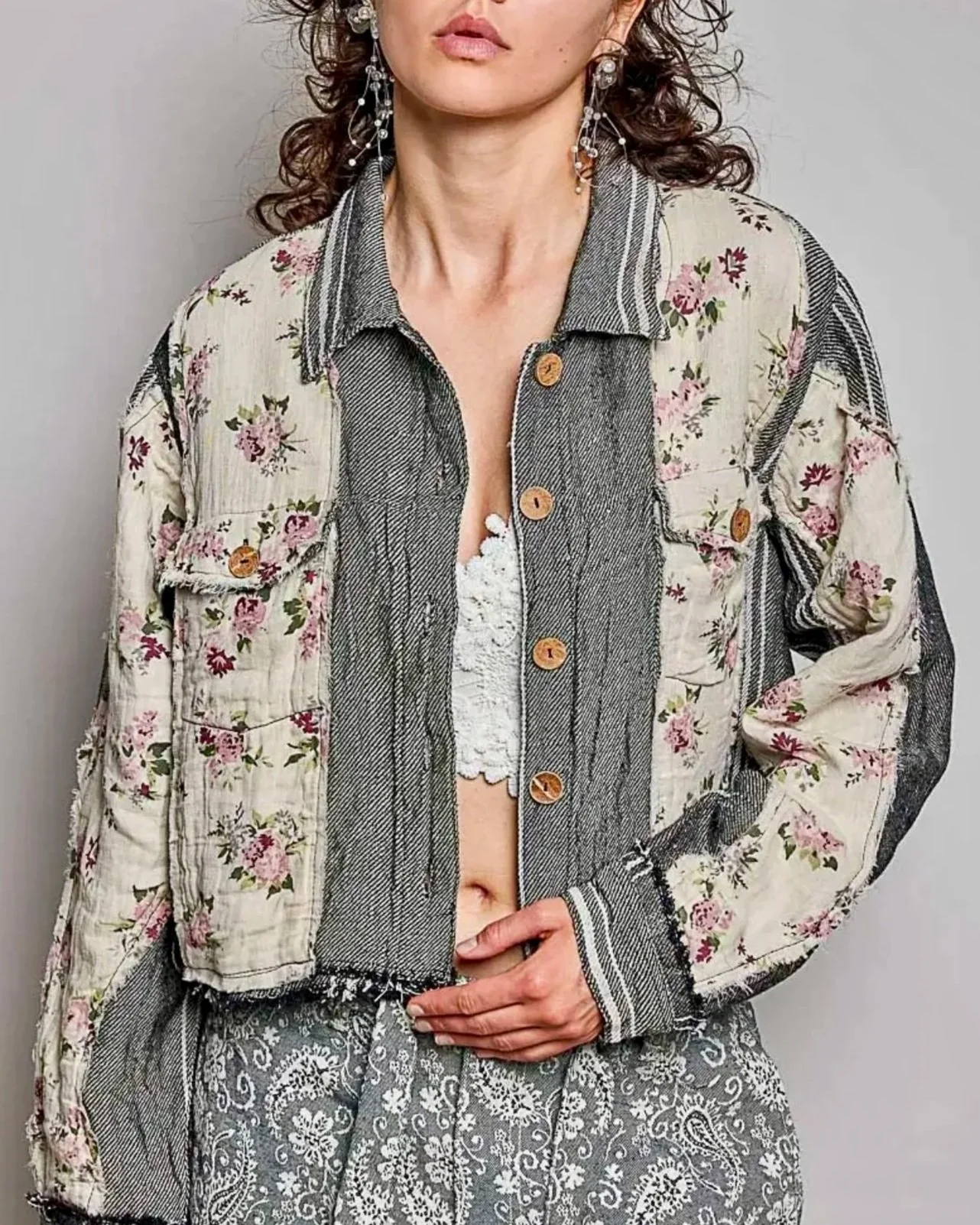 POL - Floral Patchwork Cropped Jacket