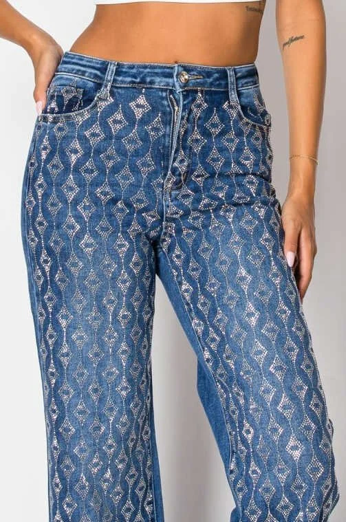 Embellished Diamond Drip Blue Denim Jeans