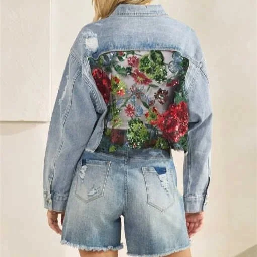 Veveret - Sequin Garden Denim Jacket