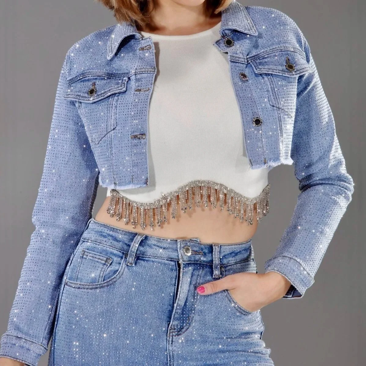 Light Blue Denim Embellished Crop Jacket