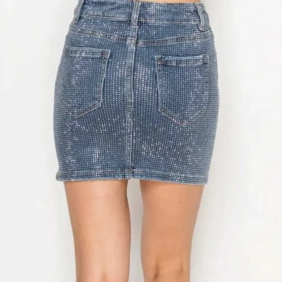 Stone Embellished Blue Denim Skirt