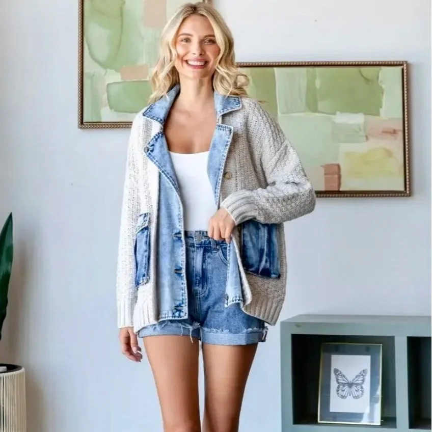 Knit Body Denim Layered Jacket
