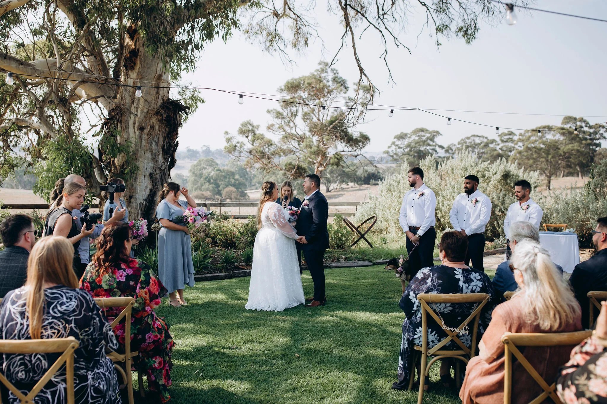A wedding ceremony taking place outdoors underneath a large tree, with a bride and groom holding hands and facing each other, surrounded by guests seated on chairs and some standing, including photographers capturing the moment. The setting features