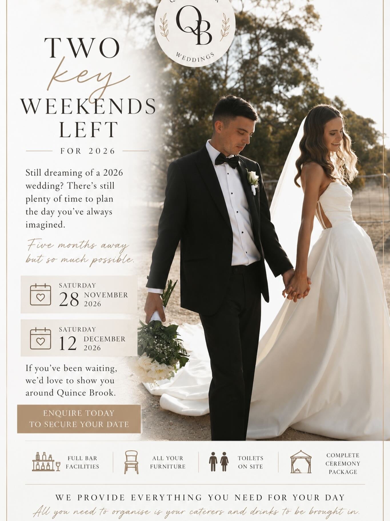 We think these dates have a pretty great ring to them&hellip; 💍✨

📅 Saturday 28 November 2026
📅 Saturday 12 December 2026

If you&rsquo;re dreaming of a relaxed, beautiful country wedding, there&rsquo;s still plenty of time to make it happen.

At 