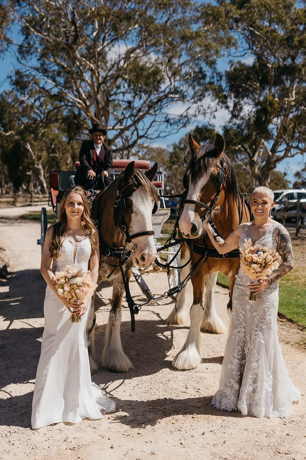Two brides in wedding dresses holding bouquets, standing next to horses, with a carriage and driver in the background.