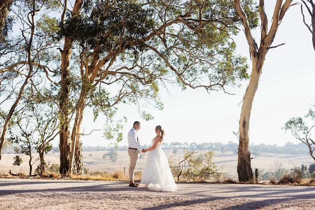 A bride and groom holding hands and facing each other under large trees on a country road, with a rural landscape in the background.
