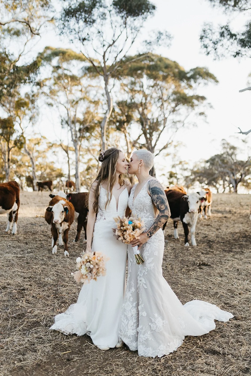 Two women in wedding dresses standing close, with foreheads touching, in a field with trees and cows in the background, holding bouquets.