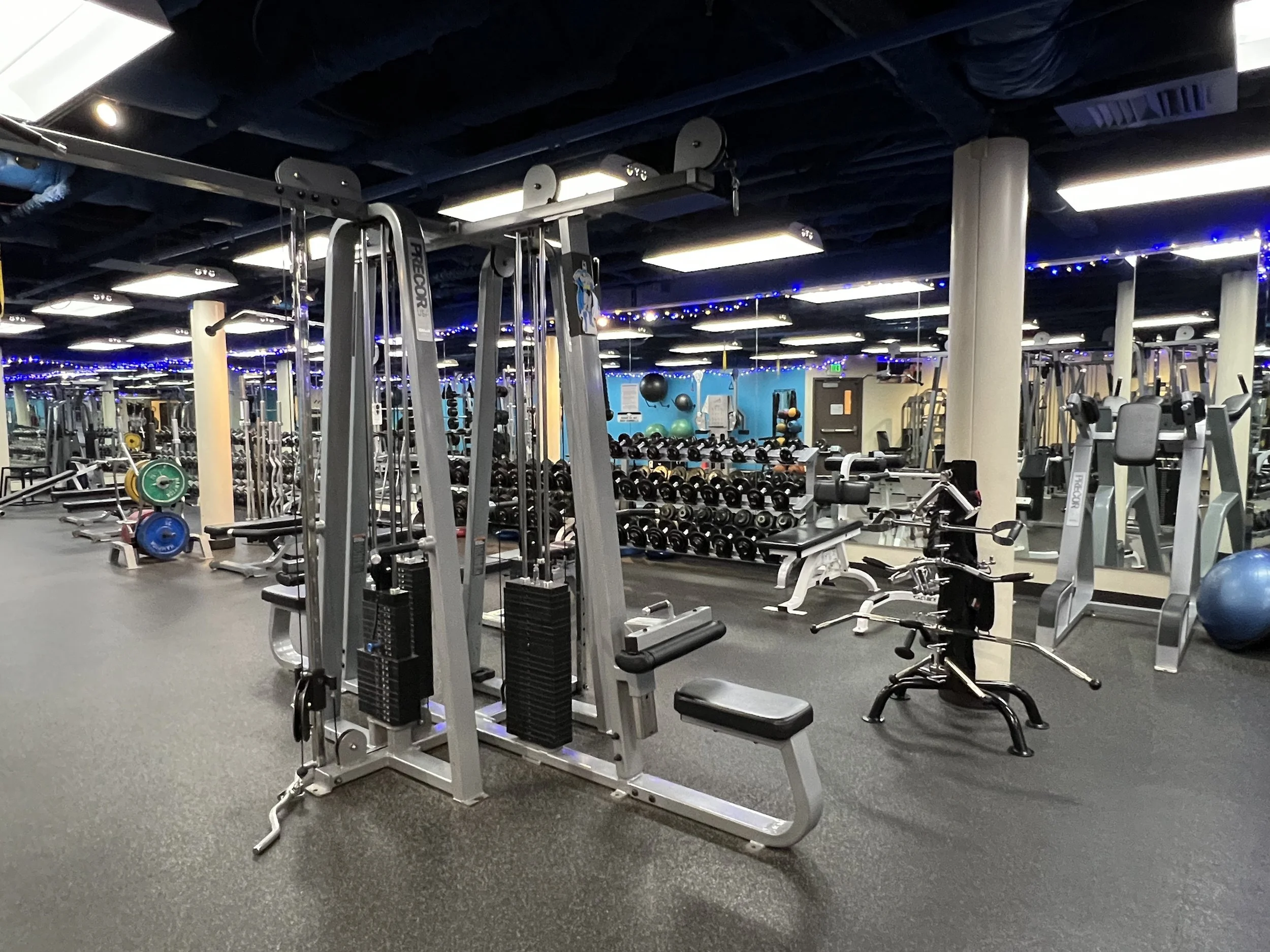 Empty gym with various workout equipment including weight racks, cardio machines, and free weights, illuminated by ceiling lights and decorated with blue string lights.