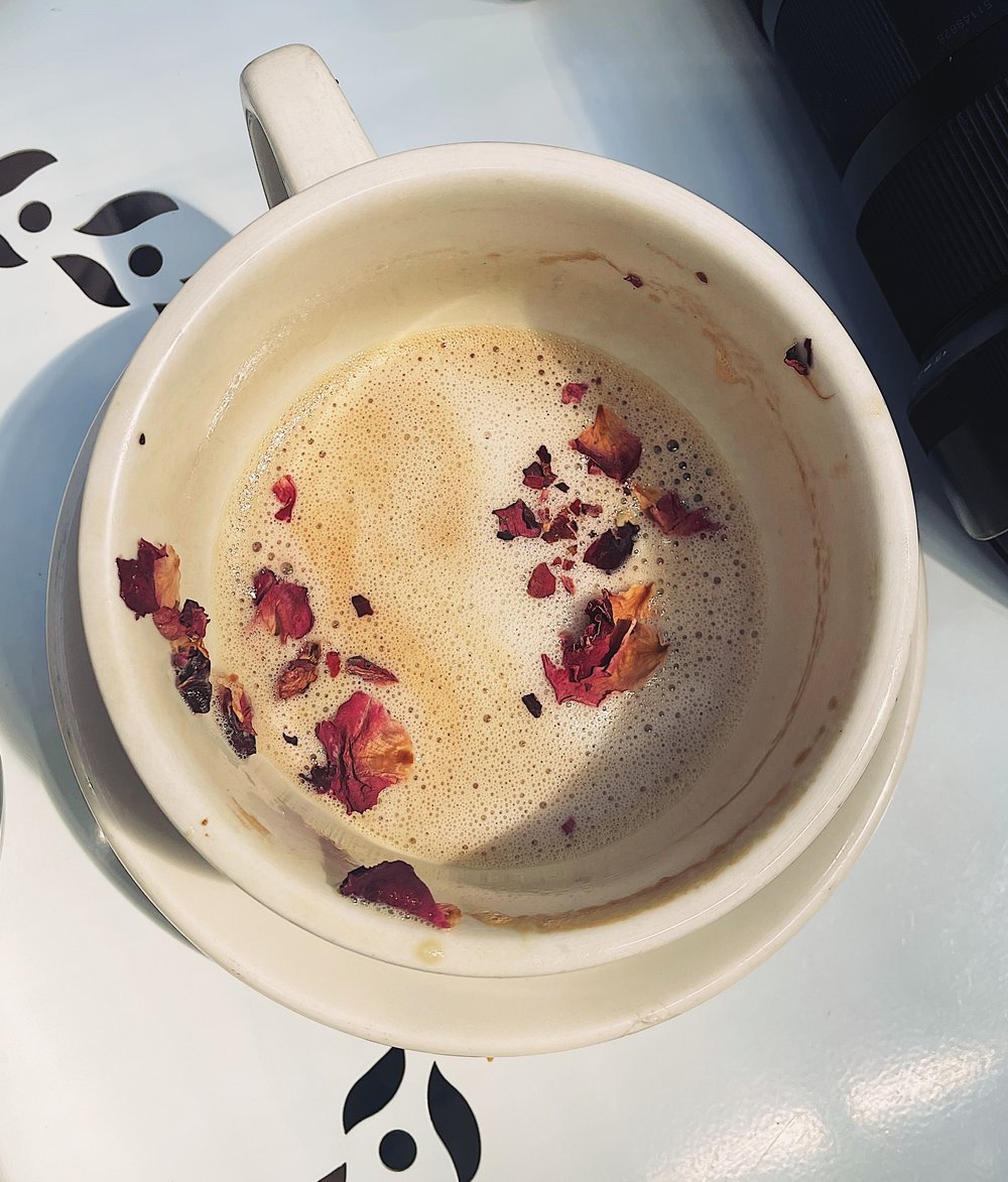 Cafe Flora, Seattle, Petals in an Oat Milk Latte