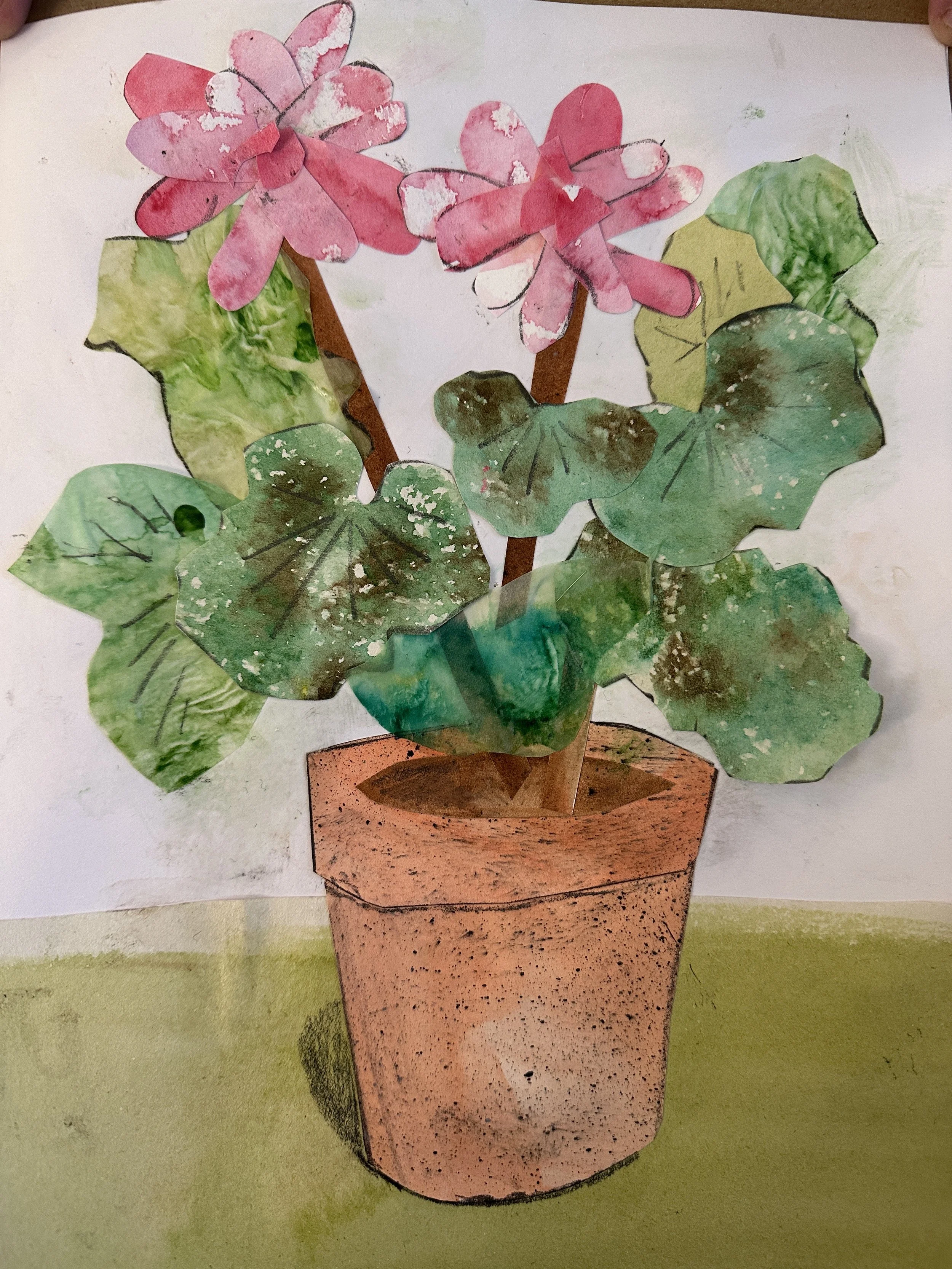 A collage of a potted plant with pink flowers and green leaves, created with paper cutouts and drawings.