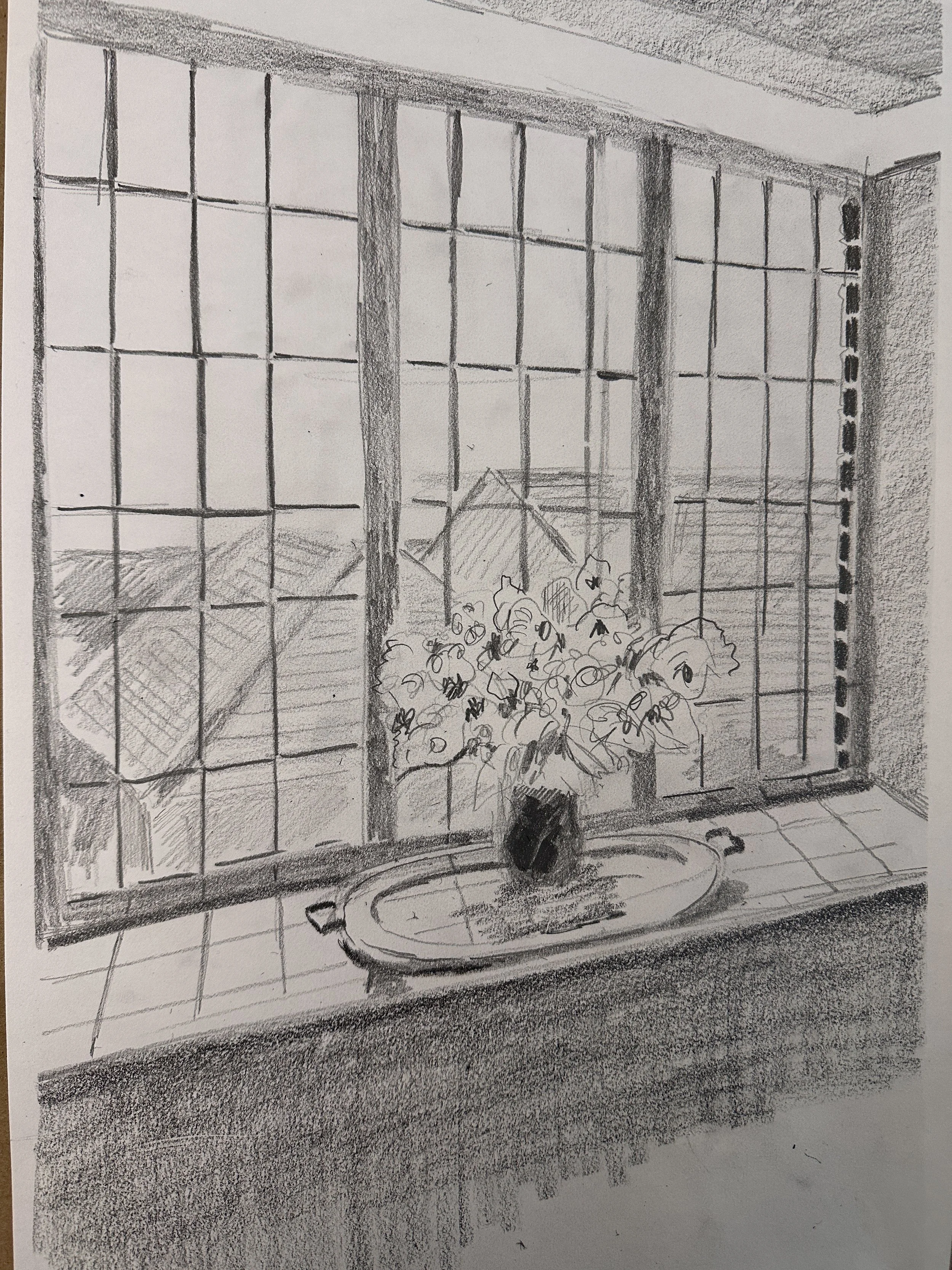 A pencil sketch of a window with multiple panes, a vase with flowers on a windowsill, and rooftops visible outside.