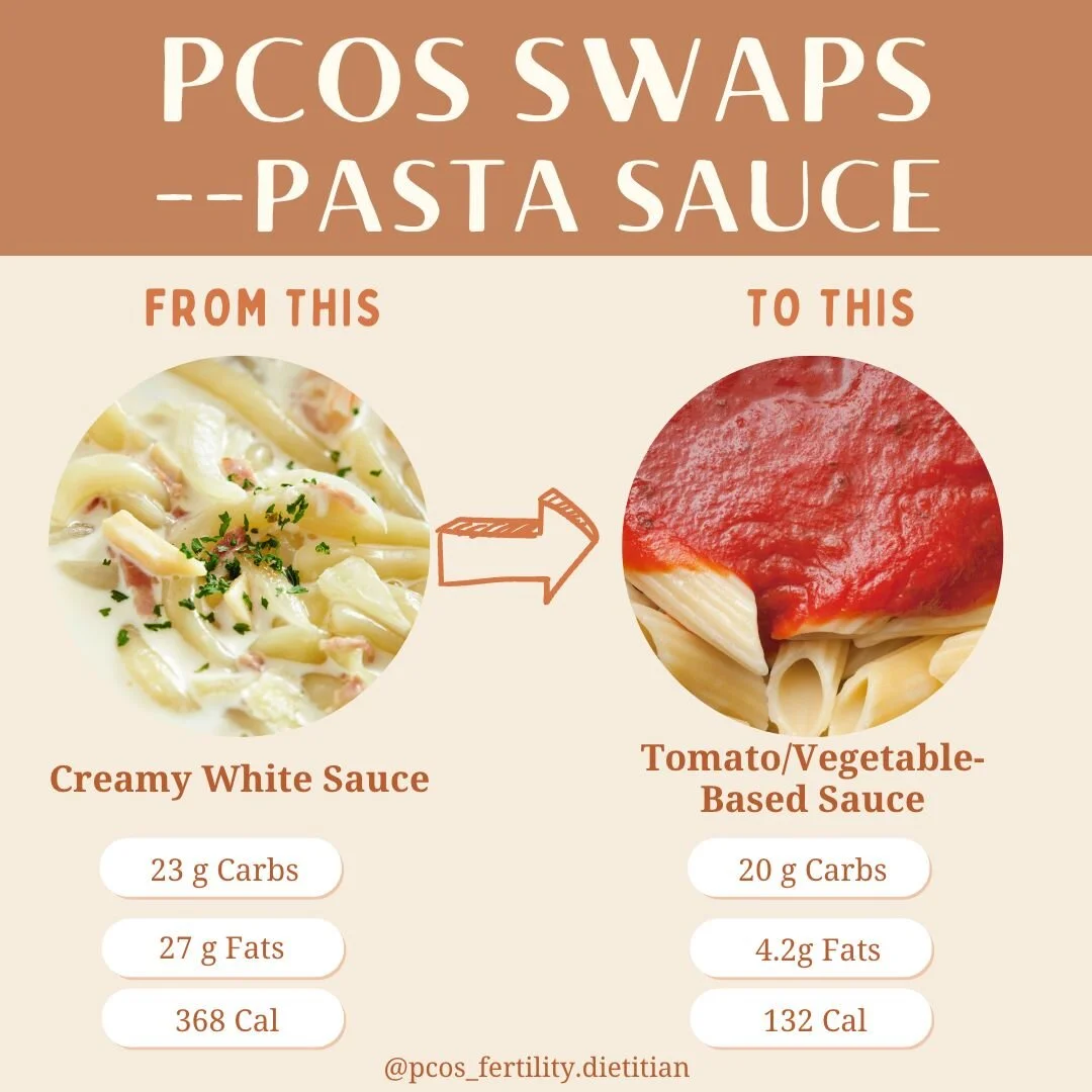 ✨Thinking about recipe swaps for PCOS?
Here is my easy tip for pasta sauce swaps!
PCOS can be difficult to manage, but an easy way to get started is by swapping out creamy or white pasta sauce for a plant-based option like tomato or vegetable-based
