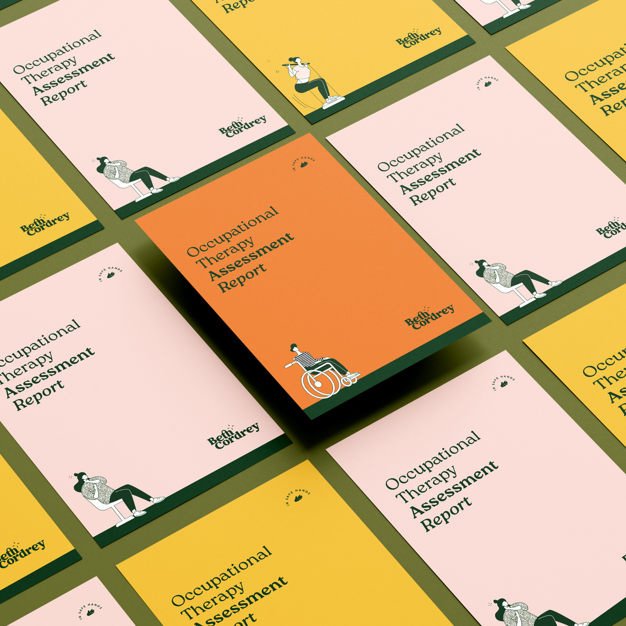 Multiple copies of a report titled 'Occupational Therapy Assessment Report' in different colors, some with illustrations of women in wheelchairs on the covers.