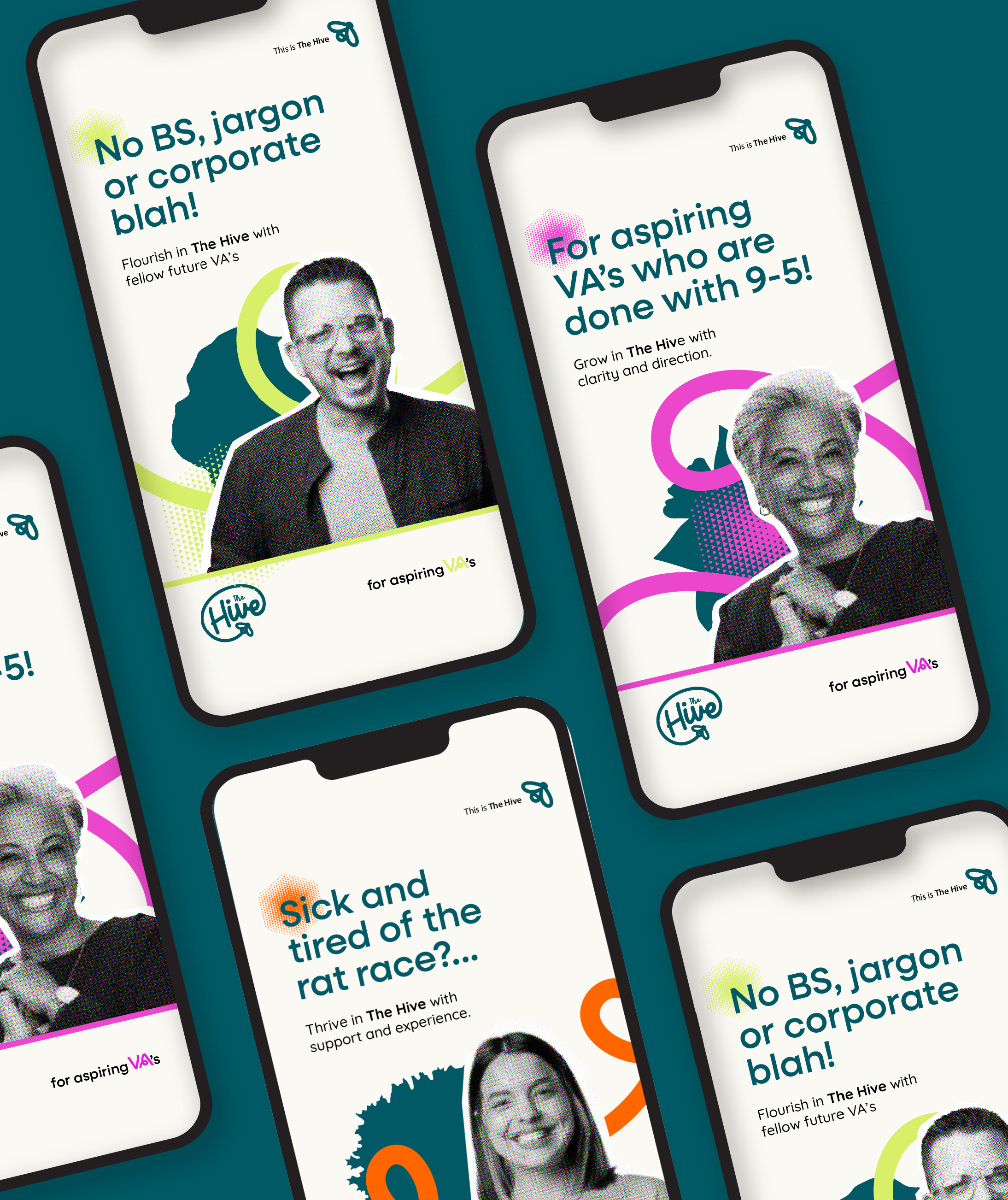 Multiple smartphone screens displaying colorful promotional graphics for The Hive, an organization for aspiring VA's, with text encouraging straightforward communication, growth, and support.
