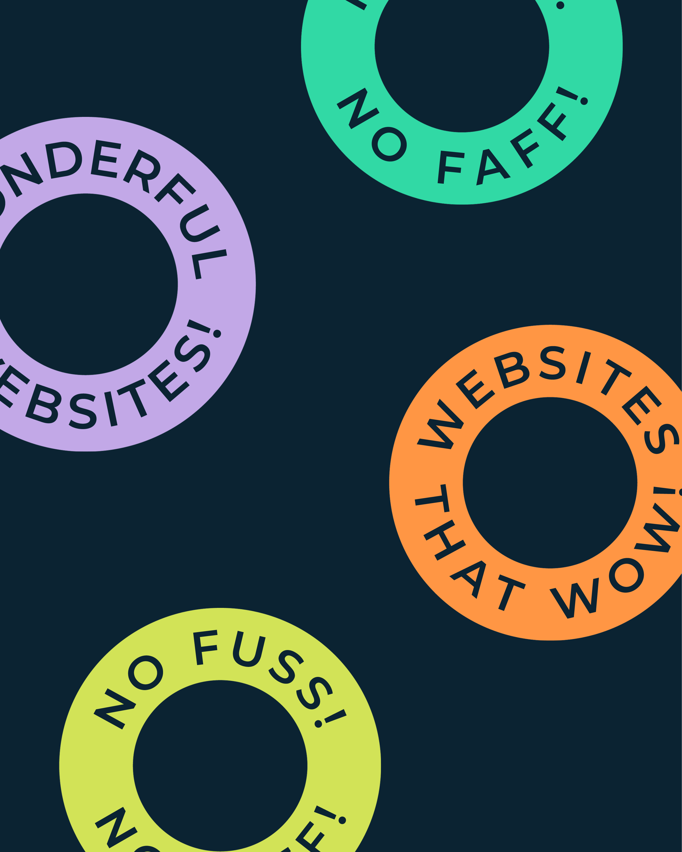 Colorful doughnut-shaped rings with text promoting website-related phrases, such as "No Fufs!" and "Wonderul Websites!" on a dark background.