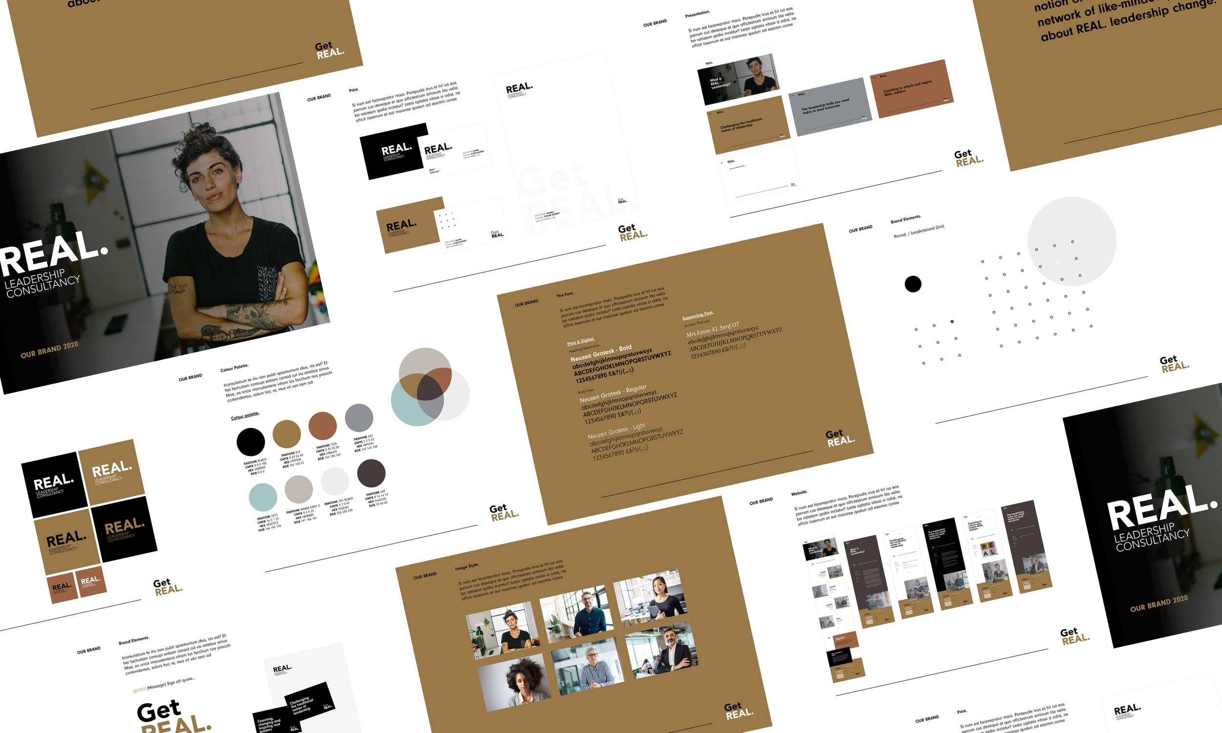Collage of branding and marketing materials for a leadership consultancy called "REAL." including logo variations, color palette, typography, team photos, and brochure layouts.