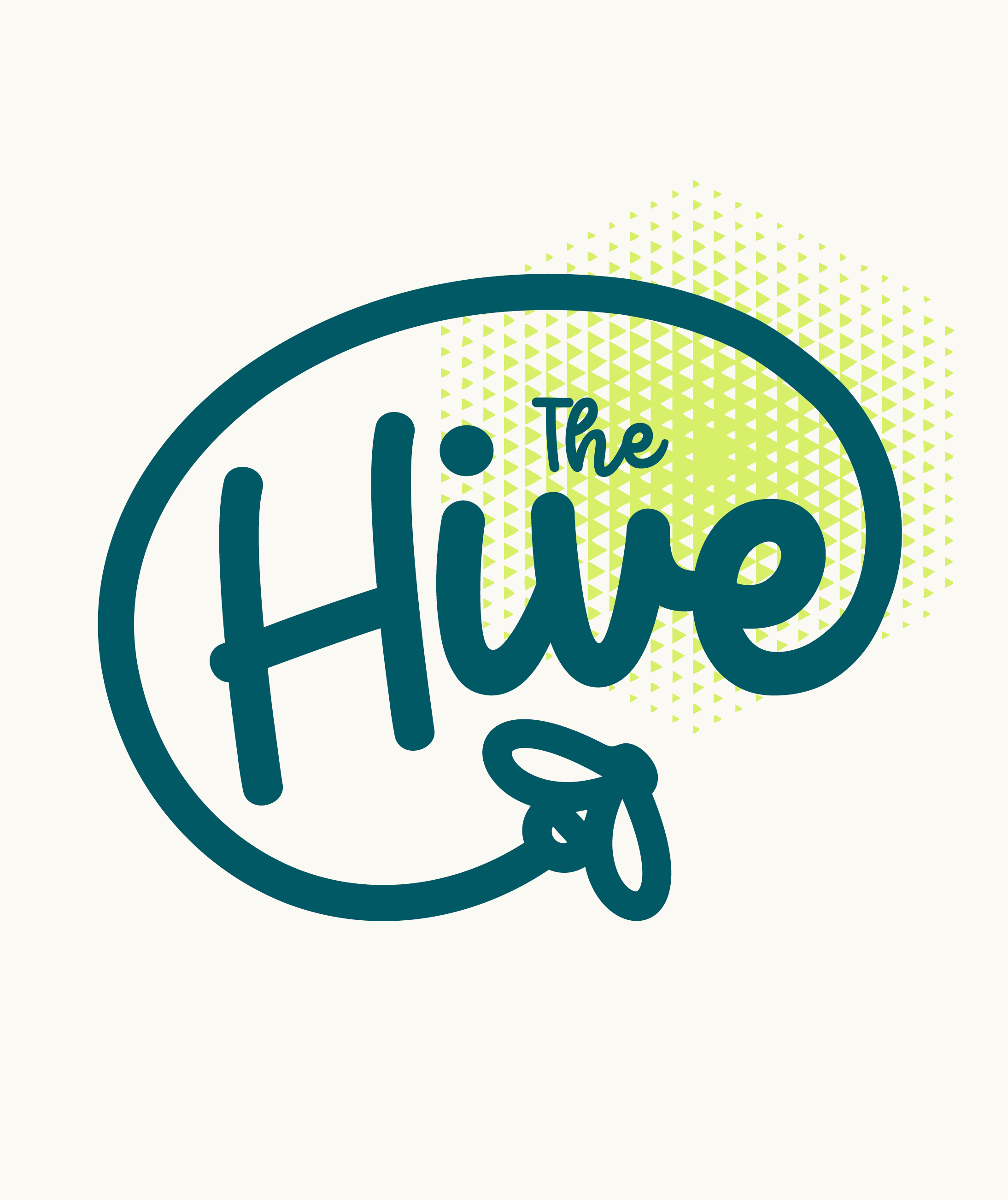 Logo with the text "The Hive" inside a speech bubble, with a dotted green background pattern.