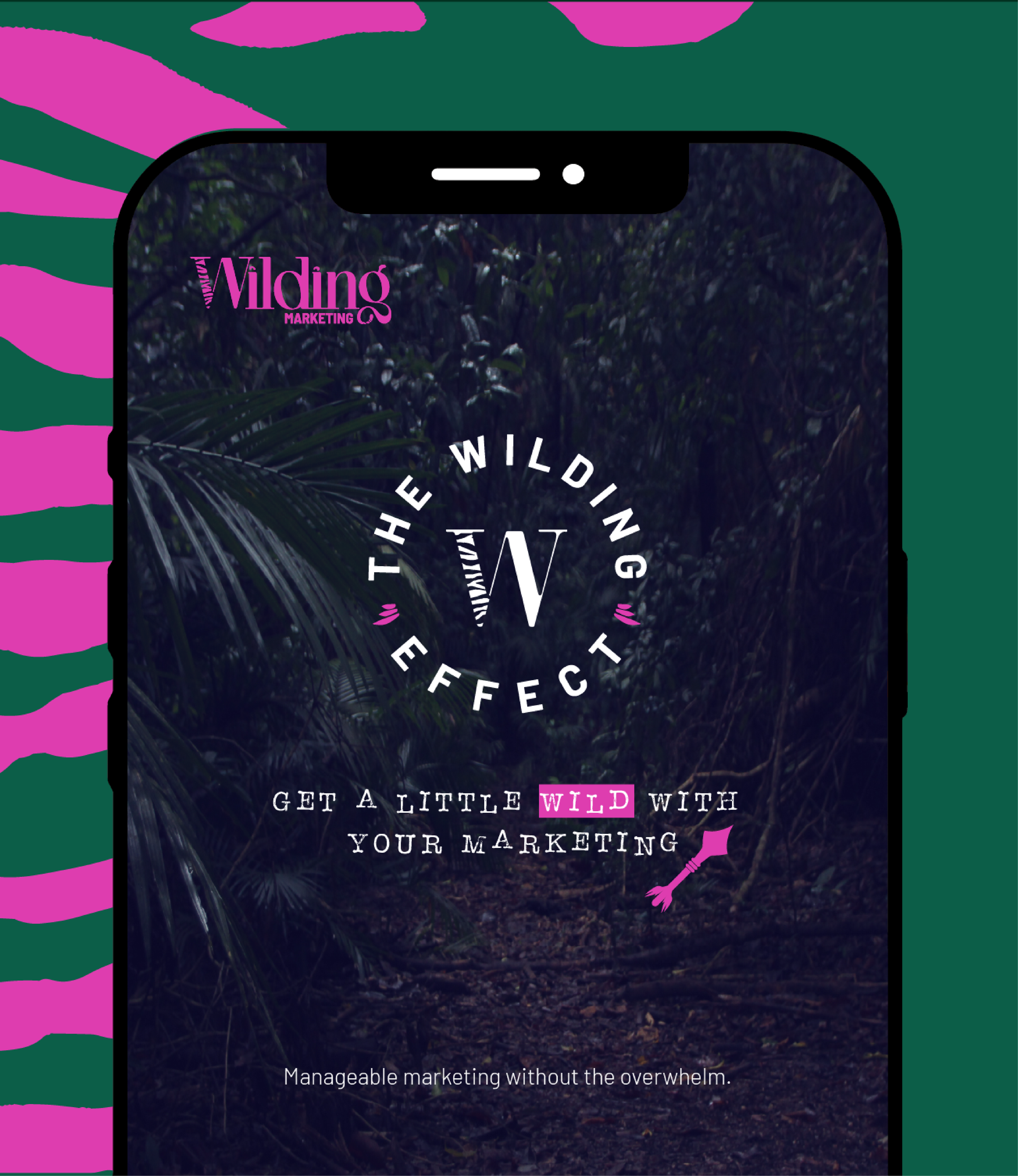 A mobile phone screen displaying a marketing design with a jungle background of leafy plants. The design features the text 'The Wilding Effect' in a circular arrangement, with a small white paragraph underneath that reads 'Manageable marketing withou