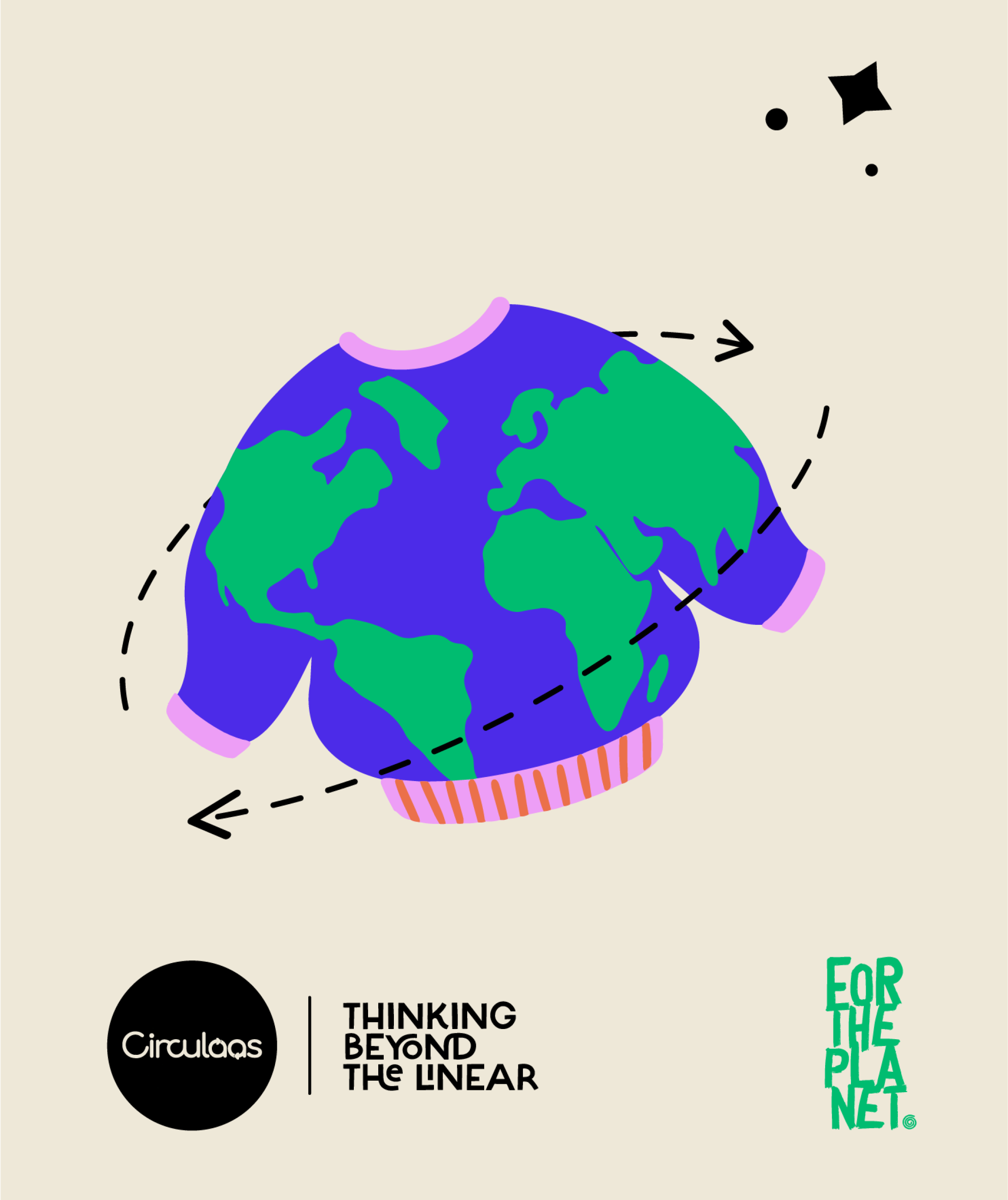 Illustration of Earth wearing a sweater with a dashed measurement line around it, accompanied by text 'Thinking beyond the linear' and the phrase 'For the planet' in stylized green letters.