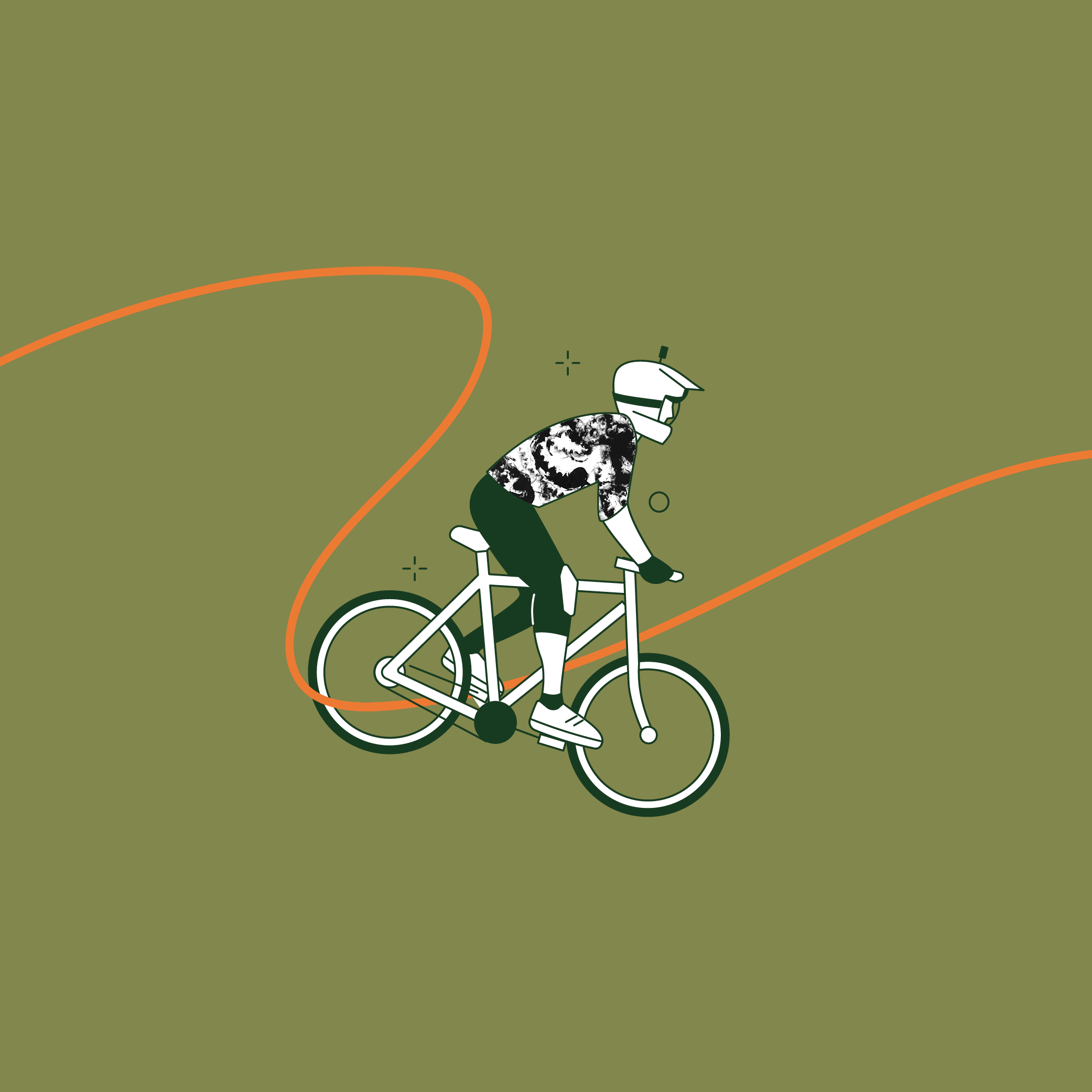 Stylized illustration of a person riding a bicycle on a green background, wearing a helmet and sporting a black and white patterned shirt.