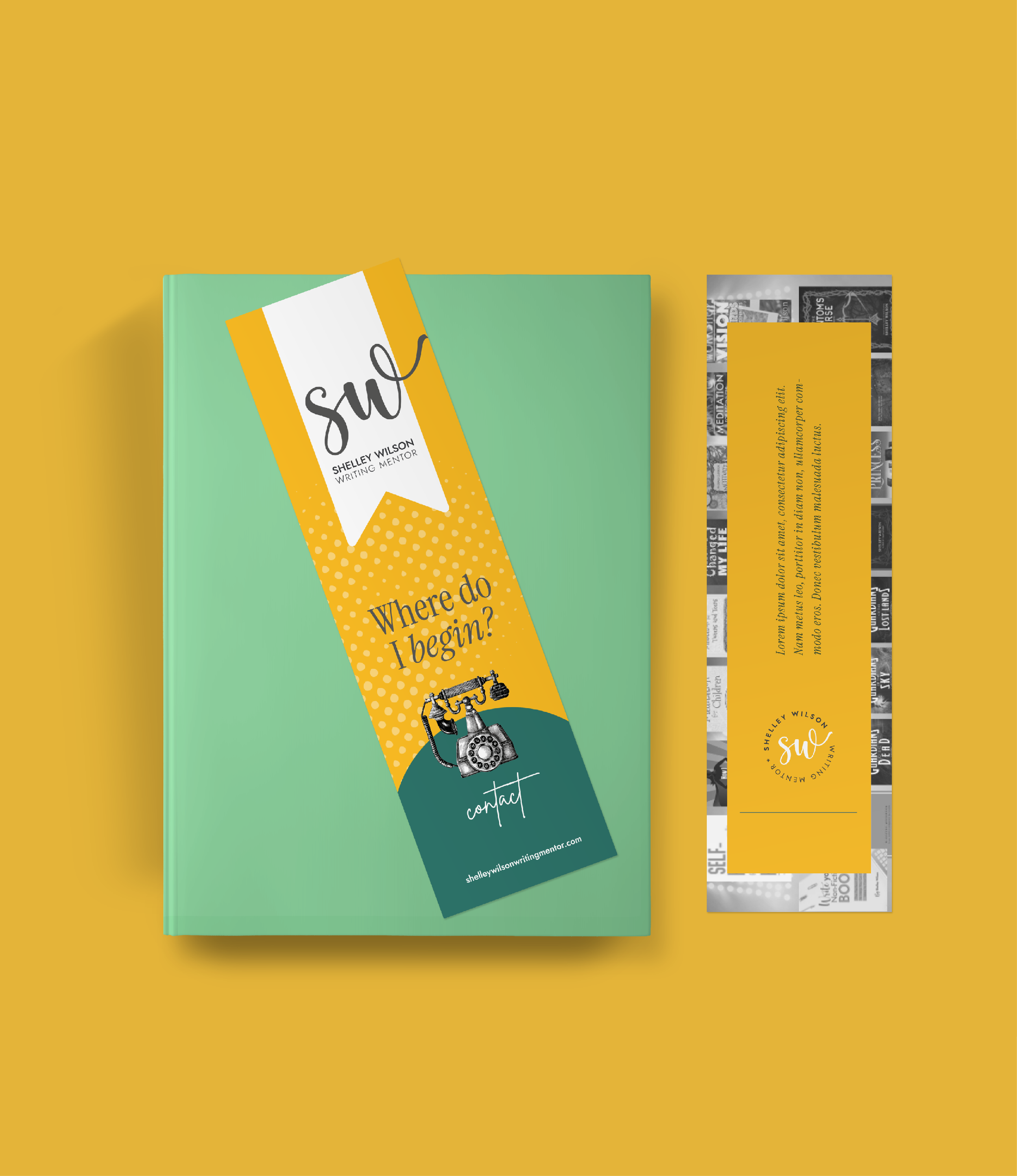 Brochure and bookmark on yellow background. The brochure has a green cover with a vertical yellow and white banner featuring the text 'SU Shelley Wilson Writing Mentor' and 'Where do I begin?' with a vintage telephone illustration. The bookmark displ