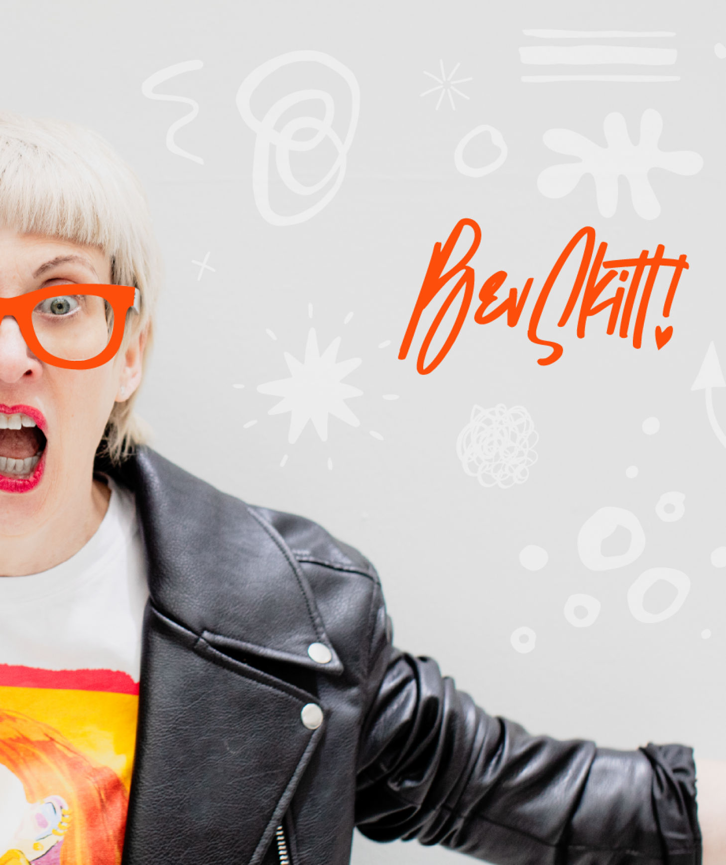 A woman with short blonde hair, red glasses, and red lipstick, wearing a leather jacket and a graphic T-shirt, shouting with her mouth open, on a white background with abstract doodles and the text 'Ben Kits!' in red.