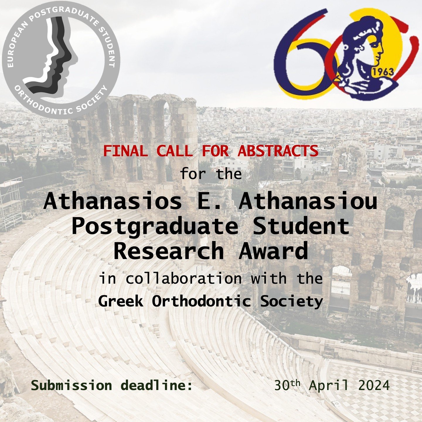 REMINDER: The abstract submission deadline is 30th April 2024 for the Athanasios E. Athanasiou Postgraduate Student Research Award, in collaboration with the Greek Orthodontic Society (GOS).

The winner will receive a cash prize of &euro;500!

Check 